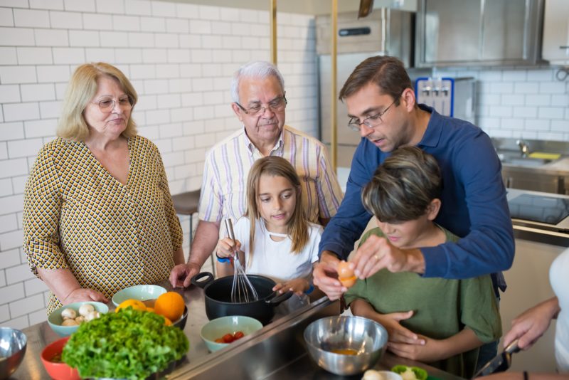 family in the kitchen preparing a meal together